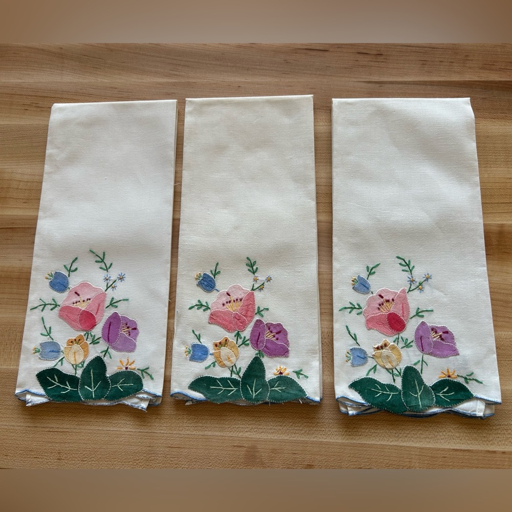 Cotton Floral Embroidered White Napkins - Set of Three